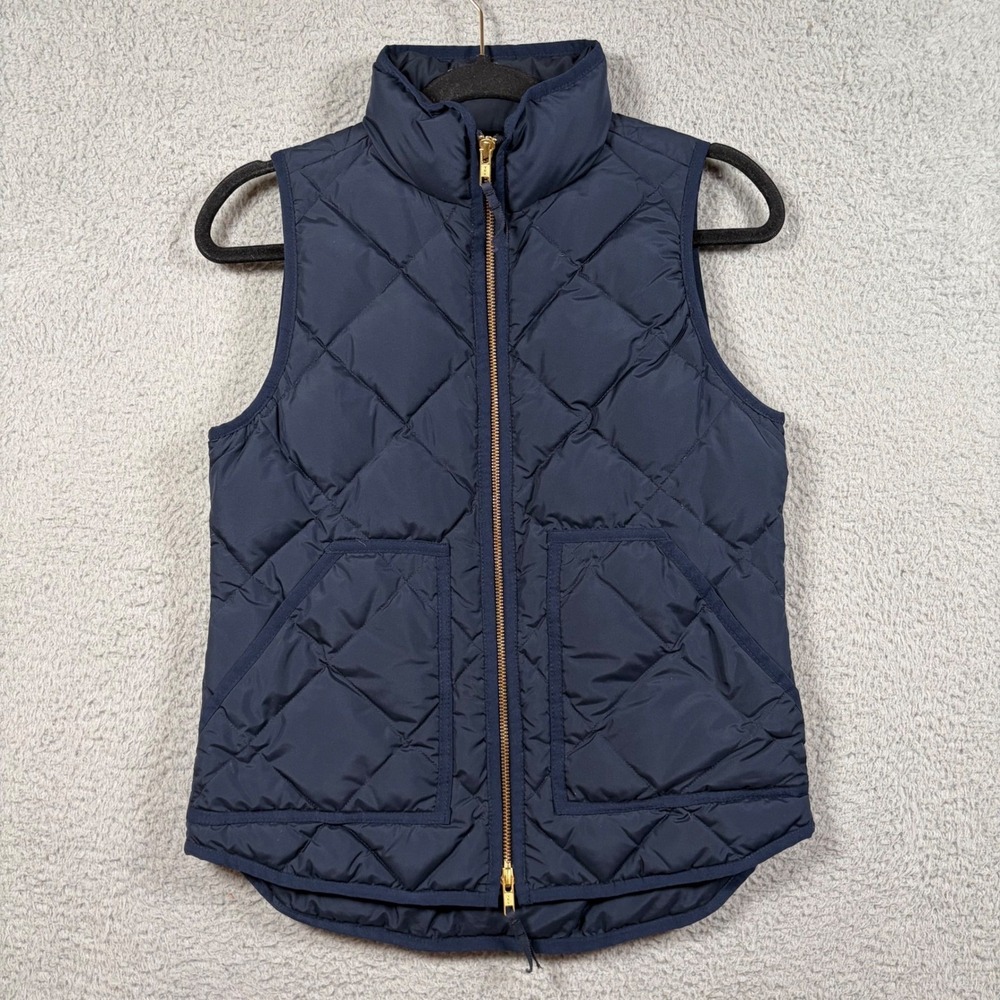 J. Crew Quilted Puffer Vest Navy Blue Gold Zip Women's S‎ Down Full Zip Pockets